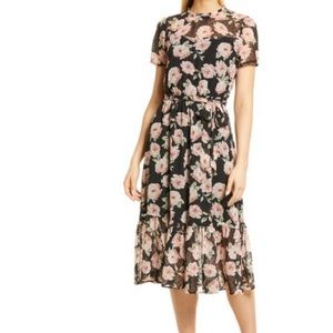 NWT Nordstrom Gibson Look Swiss Dot Black and Pink Floral Summer Midi Dress